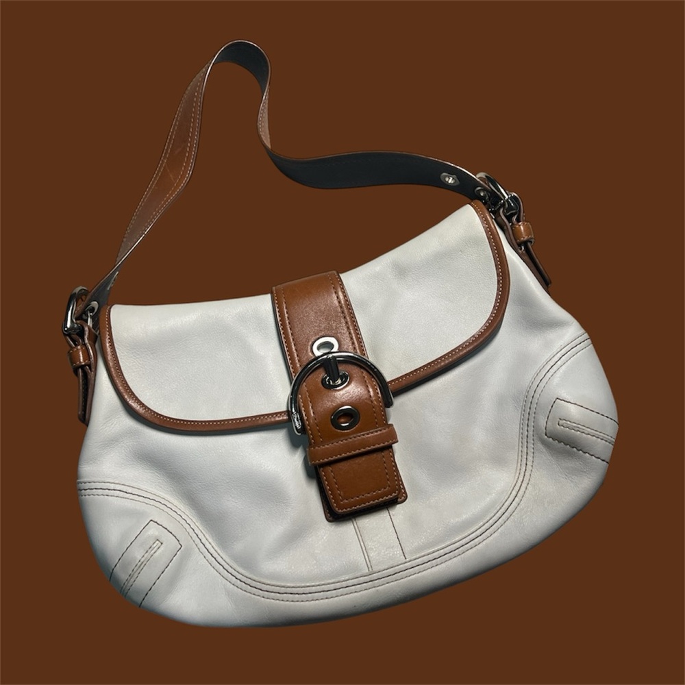 Vintage Coach Y2K White With Cognac Trim Soho Flap Shoulder Bag